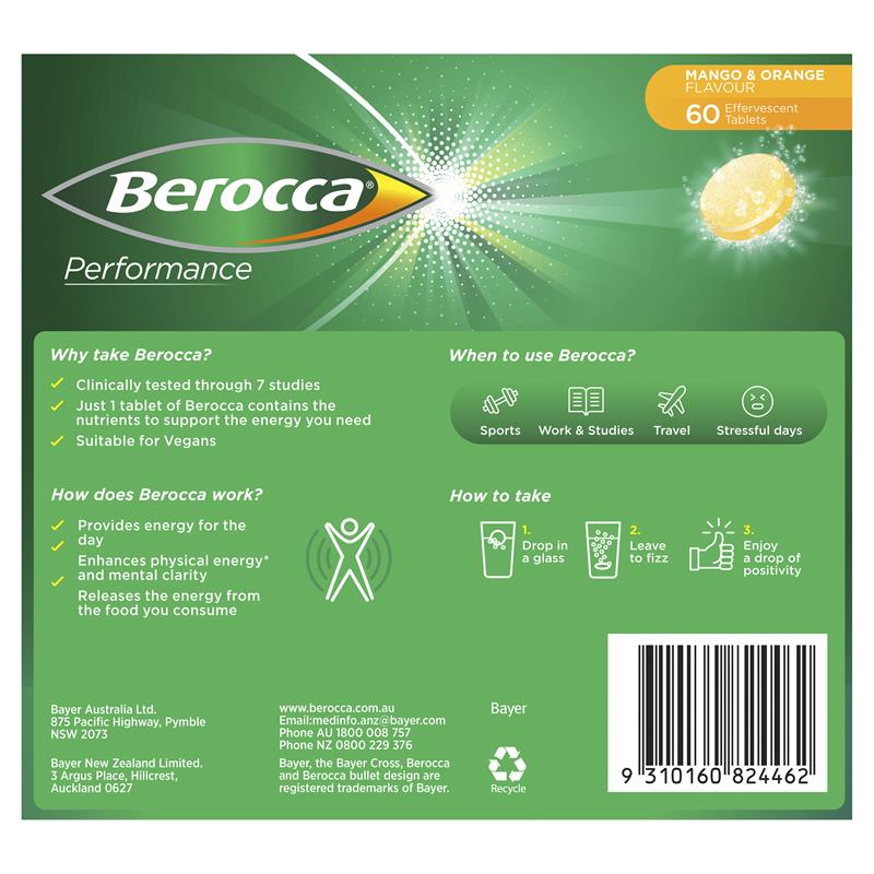 Buy Berocca Performance Mango And Orange Effervescent Tablets Online