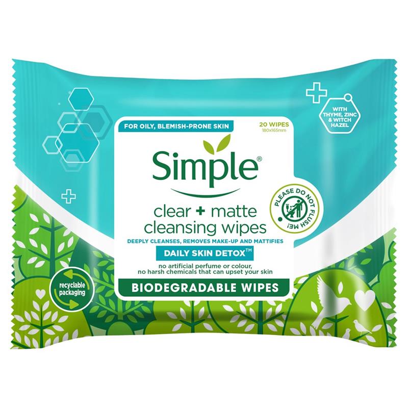 Buy Simple Daily Skin Detox Clear + Matte Cleansing Wipes 25 Pack