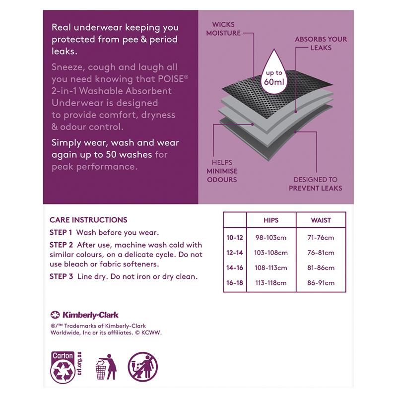 Buy Poise 2 In 1 Period & Incontinence Washable Underwear Black 16 18 Size Online at Chemist