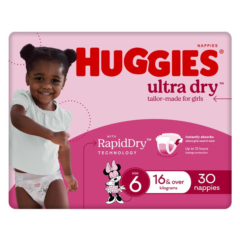 Buy Huggies Ultra Dry Nappies Size 6 Girl 16kg+ Bulk 30 Pack Online at